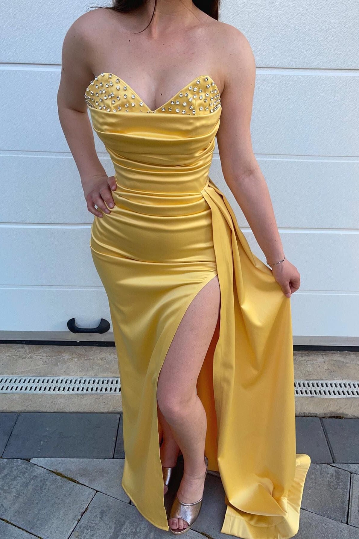 Daffodil Sweetheart Mermaid Evening Prom Dresses Slit Long With Beads