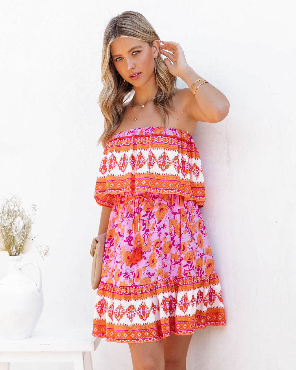 Daleyza Floral Strapless Mini Dress Tangerine Fuchsia