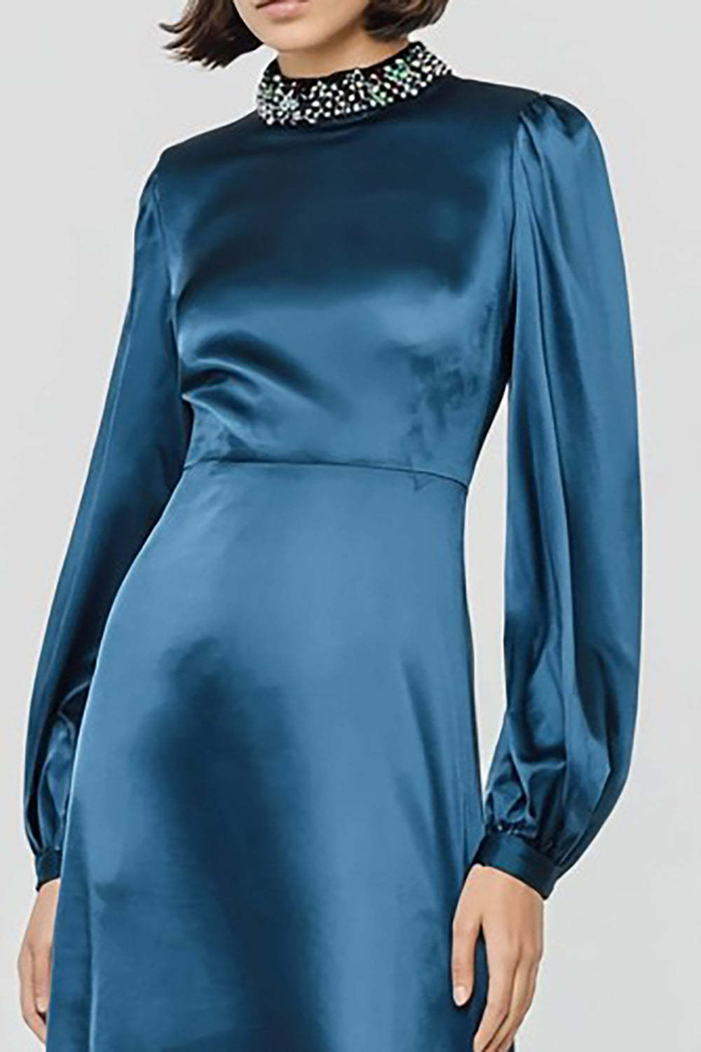 Suzhoufashion Dark Blue High Neck A-Line Long Satin Prom Dress With Beading