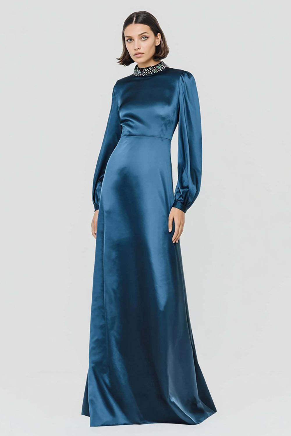 Suzhoufashion Dark Blue High Neck A-Line Long Satin Prom Dress With Beading
