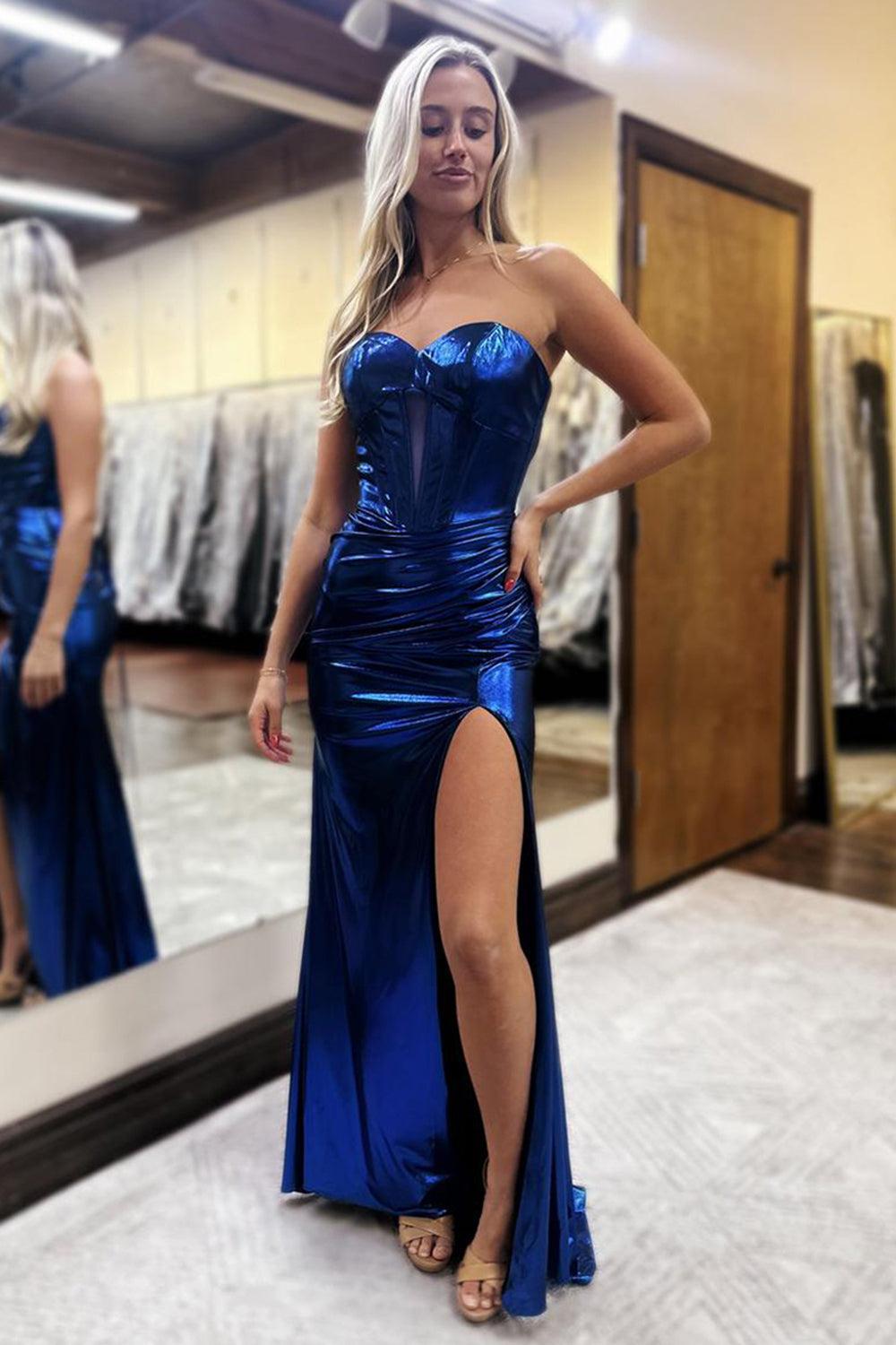 Dark Blue Prom Dress Metallic Sweetheart Mermaid Formal Dress With Slit
