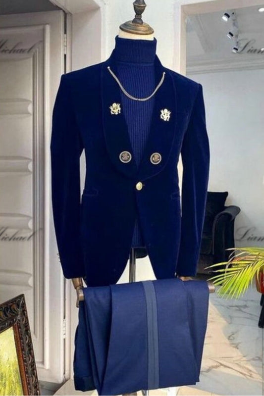 Dark Blue Shawl Lapel 2 Piece Velvet Men's Wedding Suit
