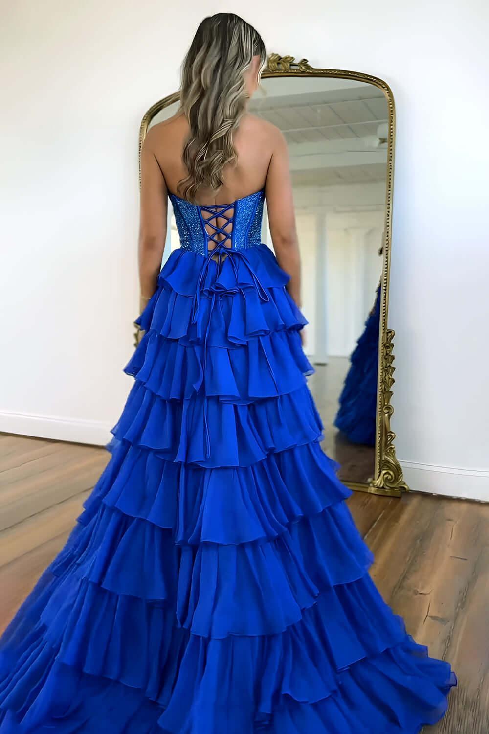 Navy Prom Dress A Line Strapless Corset Long Chiffon Formal Dress