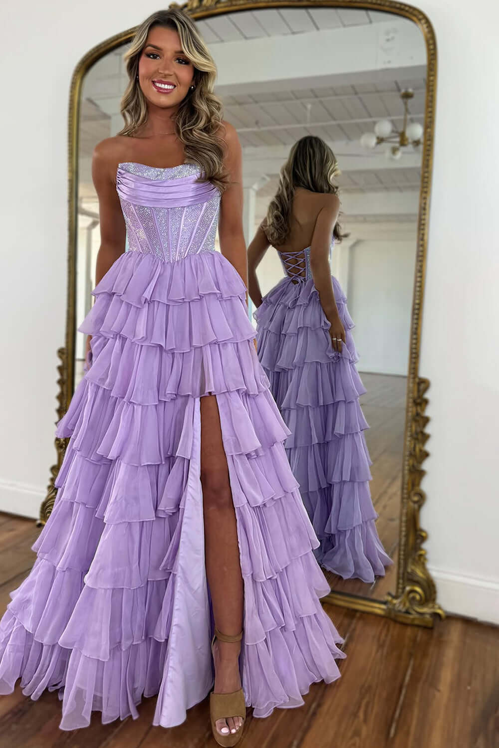 Yellow Prom Dress A Line Strapless Corset Long Chiffon Formal Dress With Slit