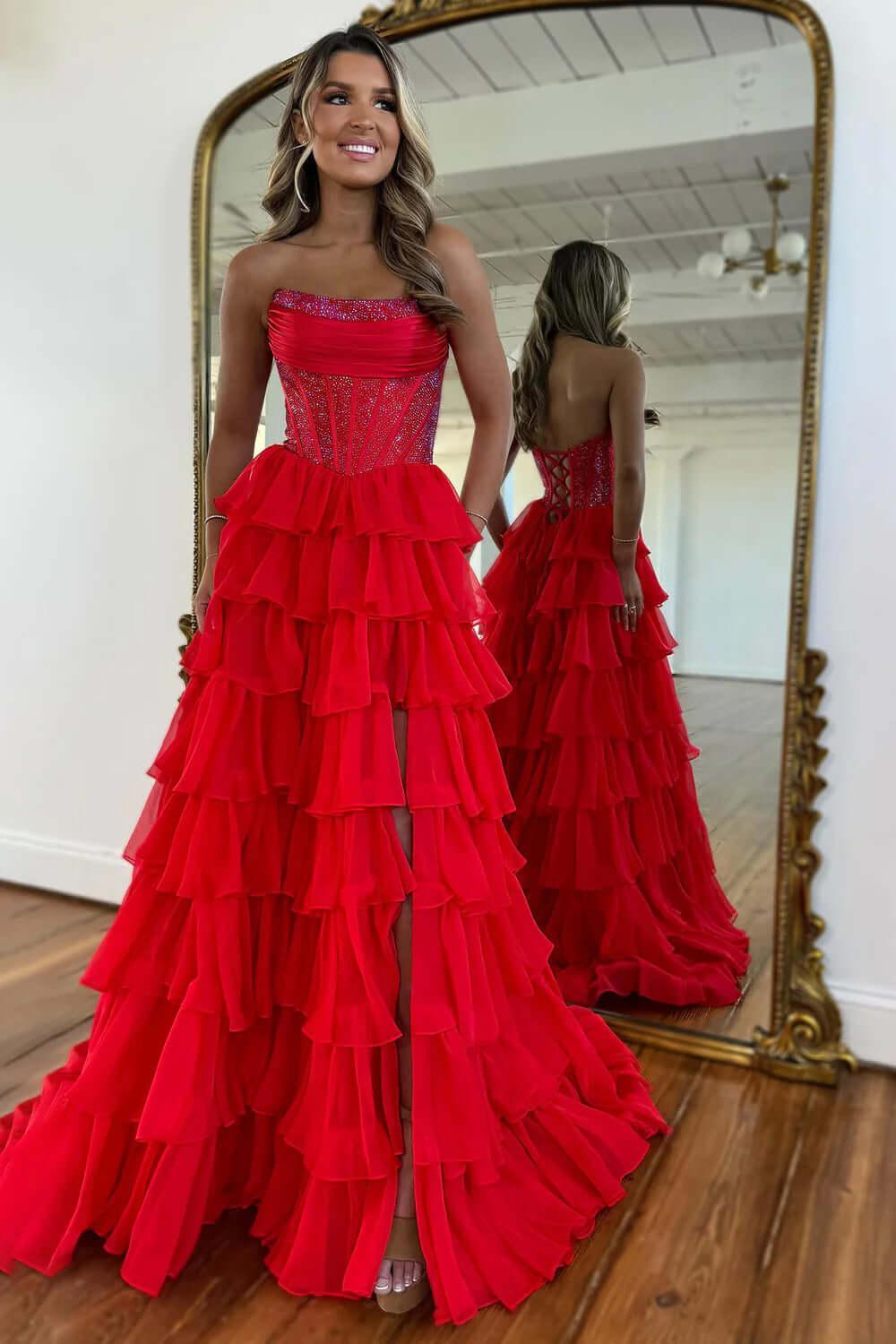 Yellow Prom Dress A Line Strapless Corset Long Chiffon Formal Dress With Slit