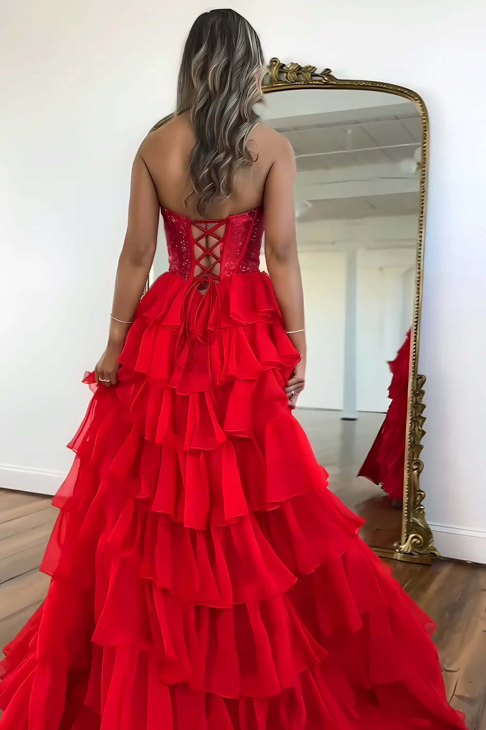 Yellow Prom Dress A Line Strapless Corset Long Chiffon Formal Dress With Slit