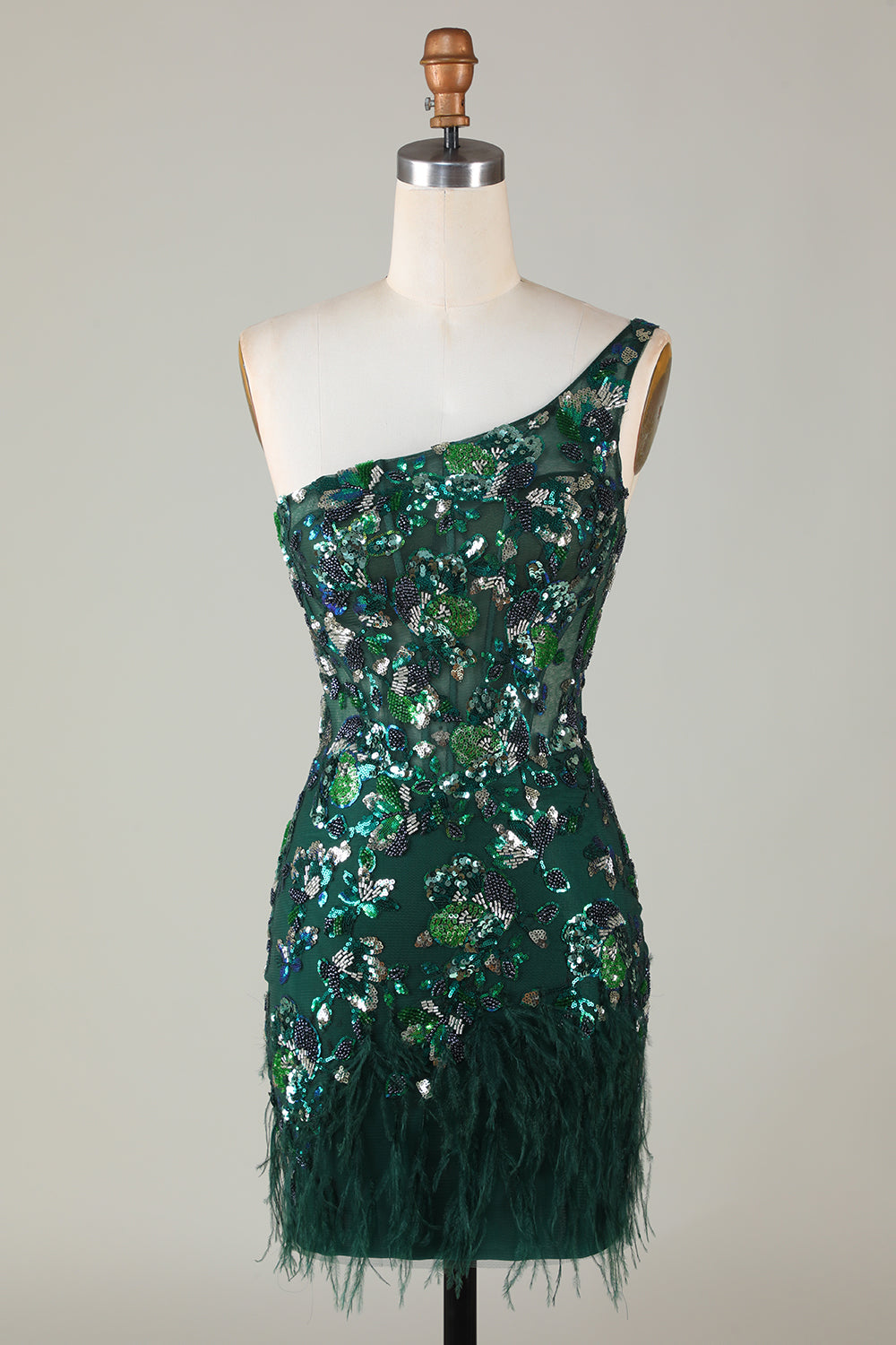 Dark Green Homecoming Dresses Tight Short Beaded Prom Dress with Feathers