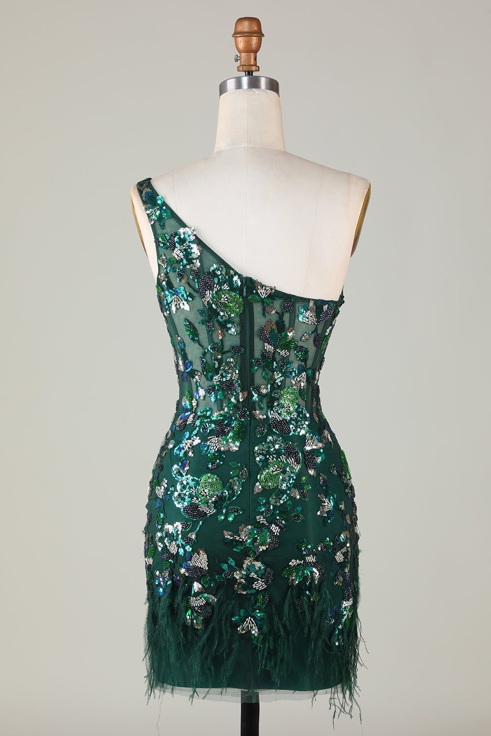 Dark Green Homecoming Dresses Tight Short Beaded Prom Dress with Feathers