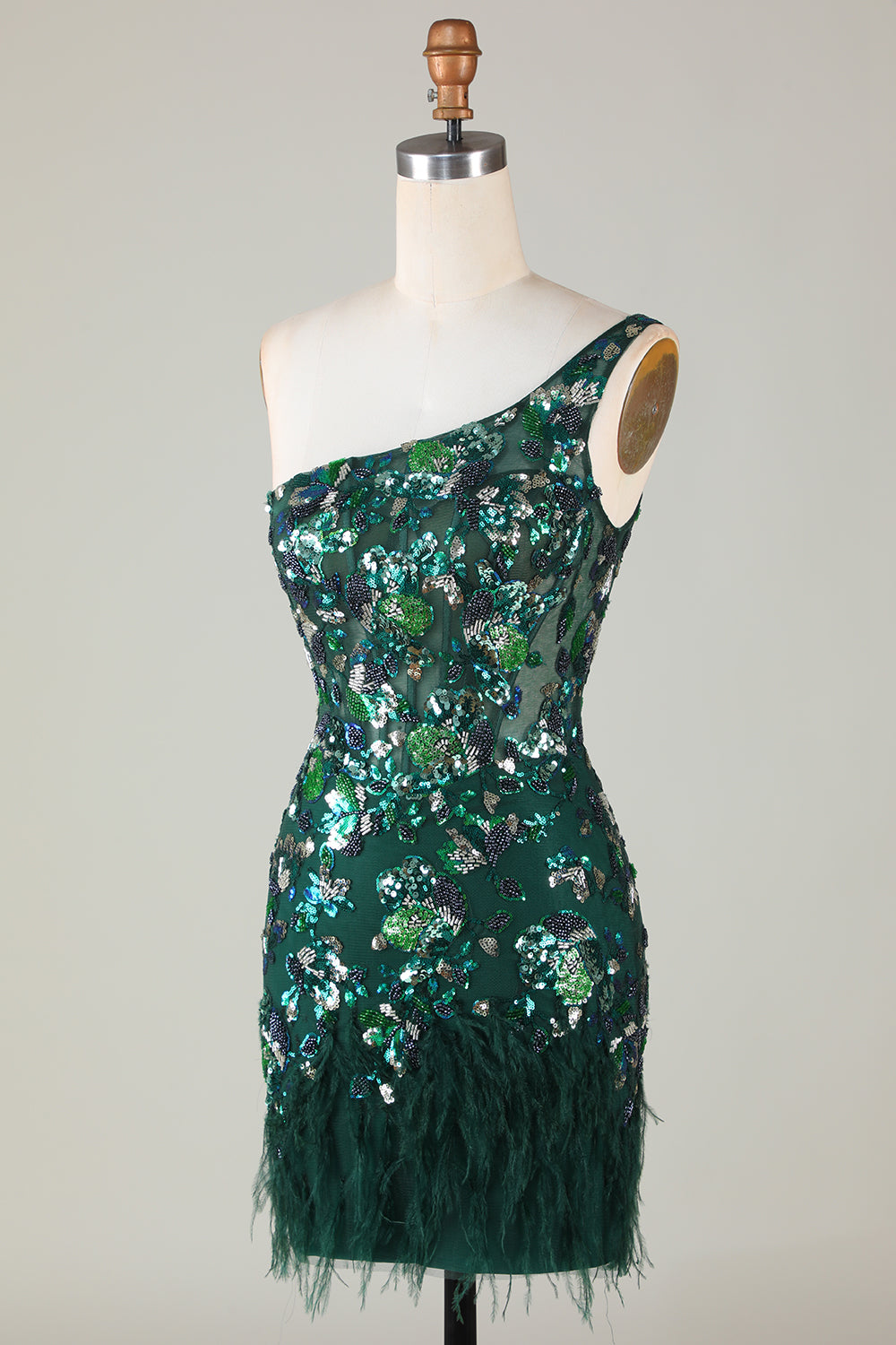 Dark Green Homecoming Dresses Tight Short Beaded Prom Dress with Feathers