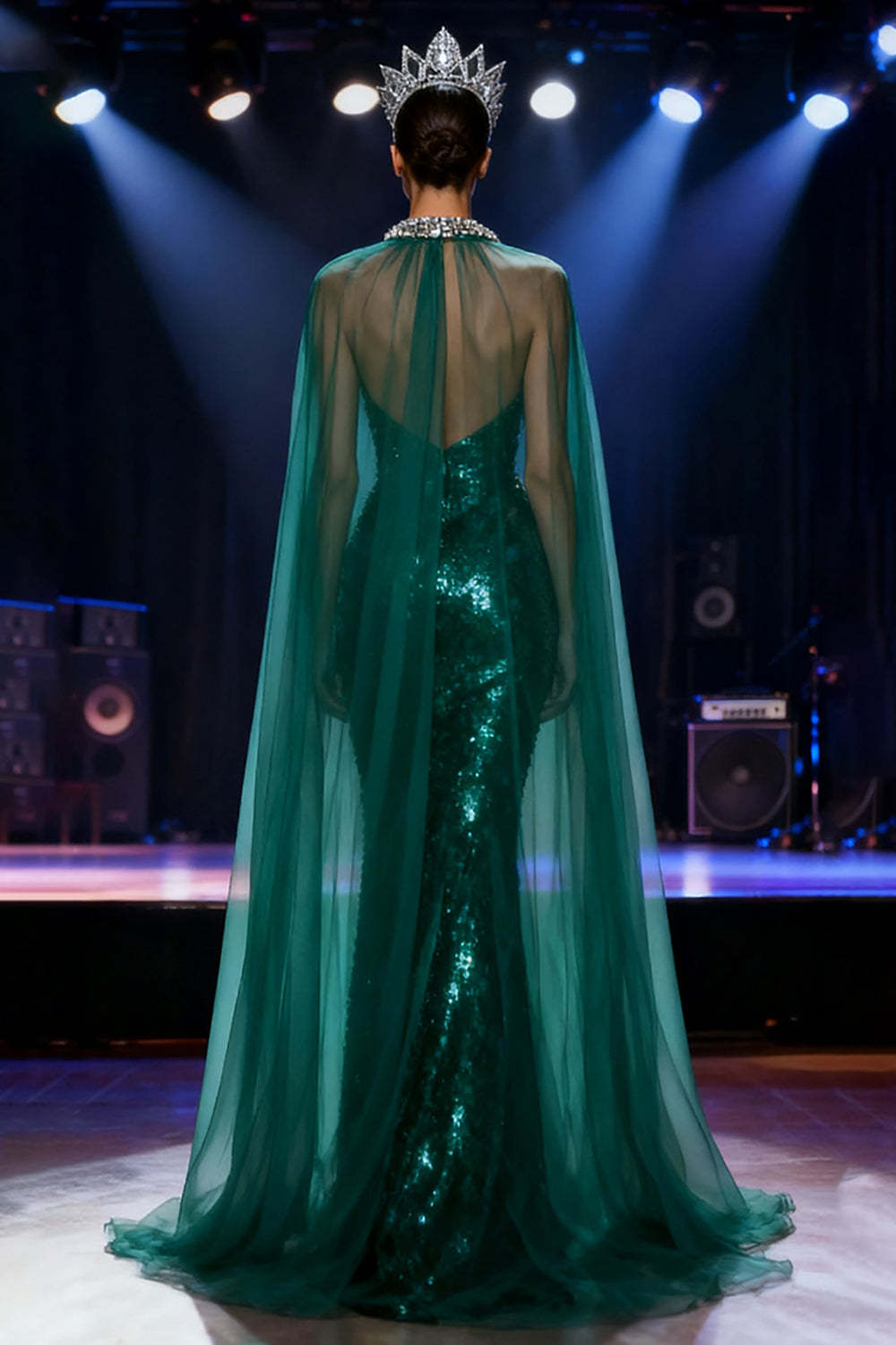 Suzhoufashion Dark Green Mermaid Halter Long Sequin Pageant Dress With Cape