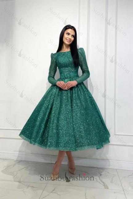 Dark Green Prom Dress A Line Sequined Ankle Length Formal Dress With Sleeves
