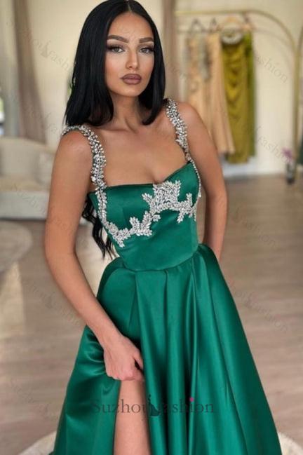 Dark Green Prom Dress A Line Sleeveless Rhinestones Satin Formal Dress With Slit