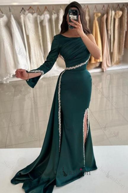 Dark Green Prom Dress Mermaid One Shoulder Beaded Panel Train Satin Slit Formal Dress