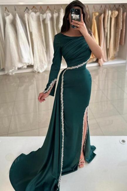 Dark Green Prom Dress Mermaid One Shoulder Beaded Panel Train Satin Slit Formal Dress