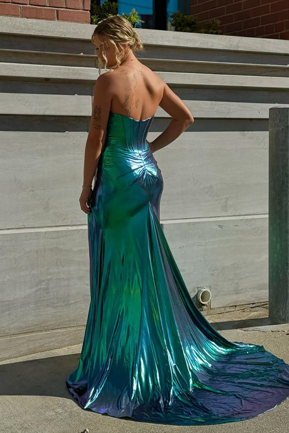 Turquoise Prom Dress Mermaid Ruche Metallic Long Formal Dress With Slit