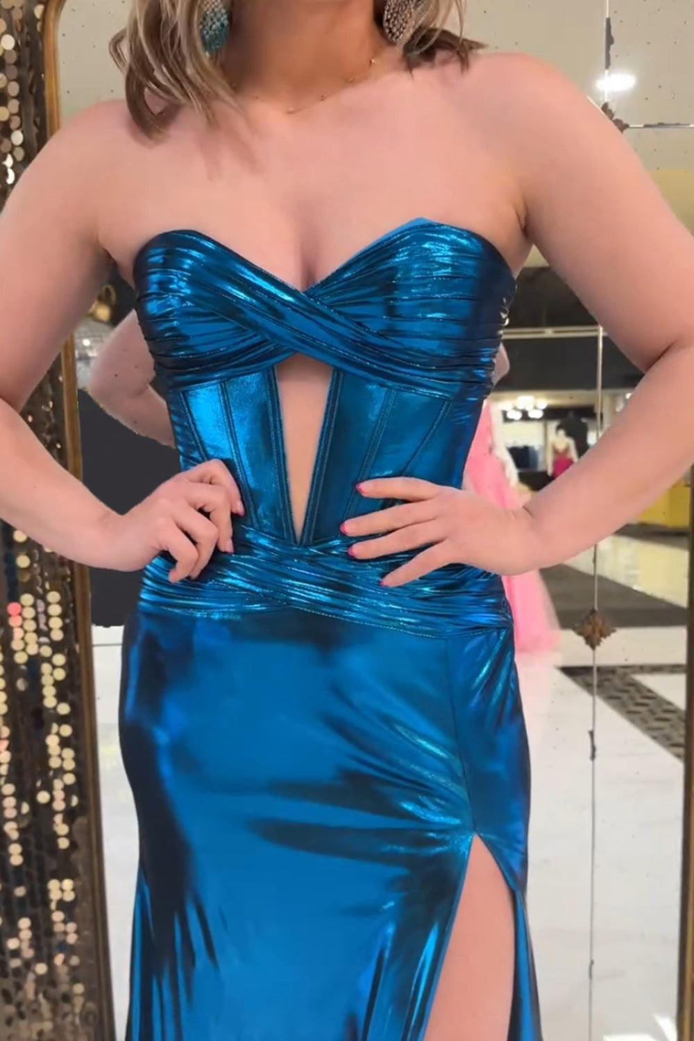 Turquoise Prom Dress Mermaid Ruche Metallic Long Formal Dress With Slit