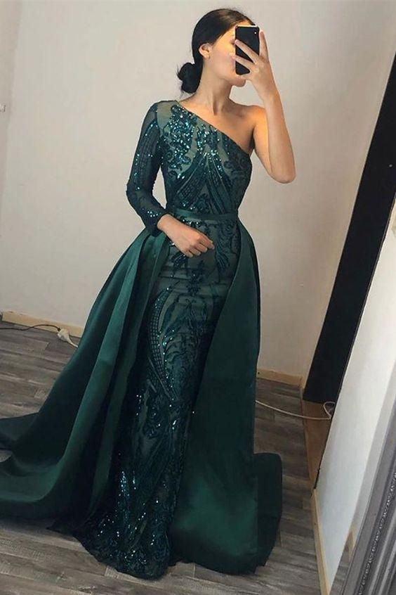 Dark Green Prom Dress Overskirt One Shoulder Long Sleeve Mermaid Evening Formal Dress With Sequined