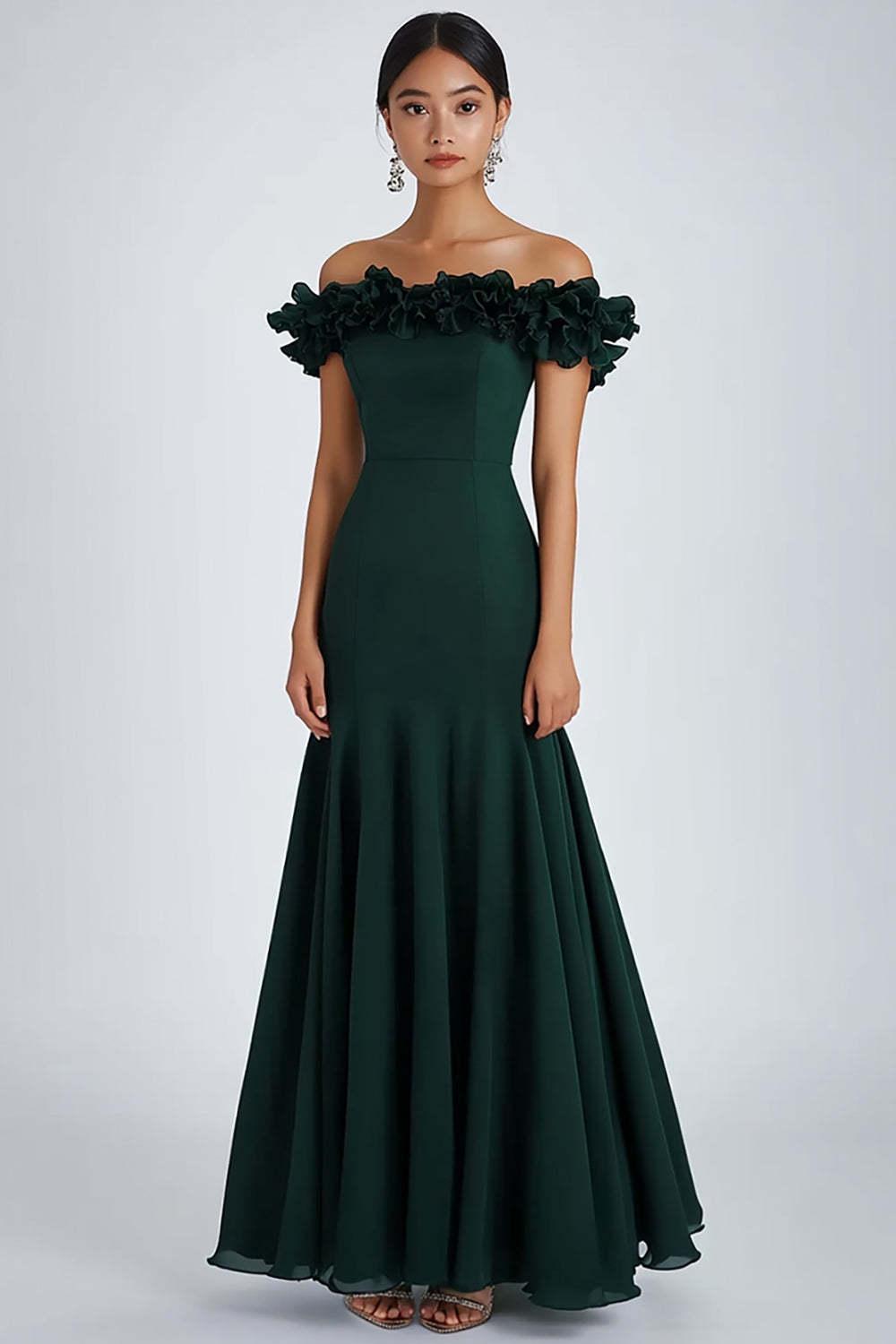 Dark Green Prom Dress Satin Off The Shoulder A Line Formal Dress With Ruffles