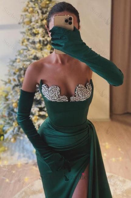 Dark Green Prom Dress Sweetheart Mermaid Beaded Slit Formal Dress With Rhinestone