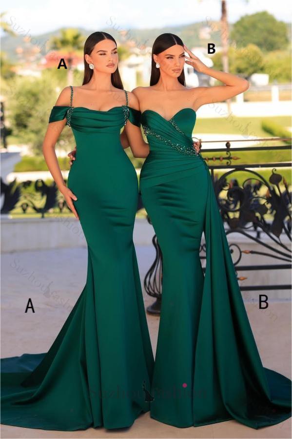 Dark Green Prom Dress Mermaid Sleeveless Beading Satin Formal Dress