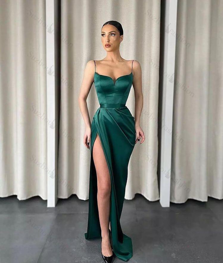 Dark Green Spaghetti-Straps Mermaid Evening Prom Dresses Long With Slit