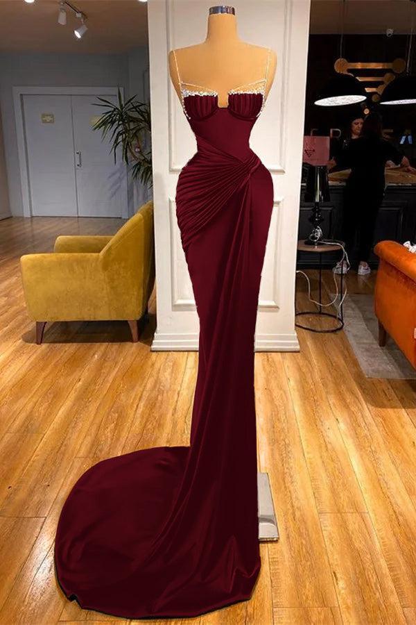Dark Green Spaghetti Straps Prom Dress Mermaid Evening Formal Dress With Beadings