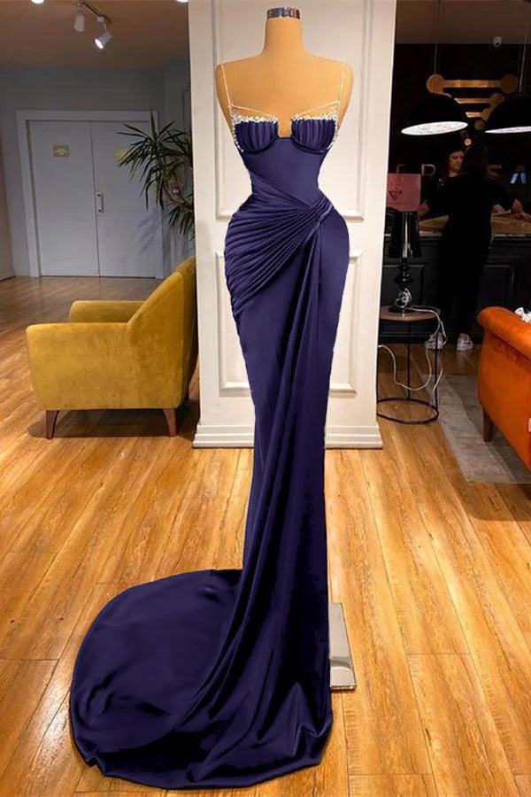 Dark Green Spaghetti Straps Prom Dress Mermaid Evening Formal Dress With Beadings