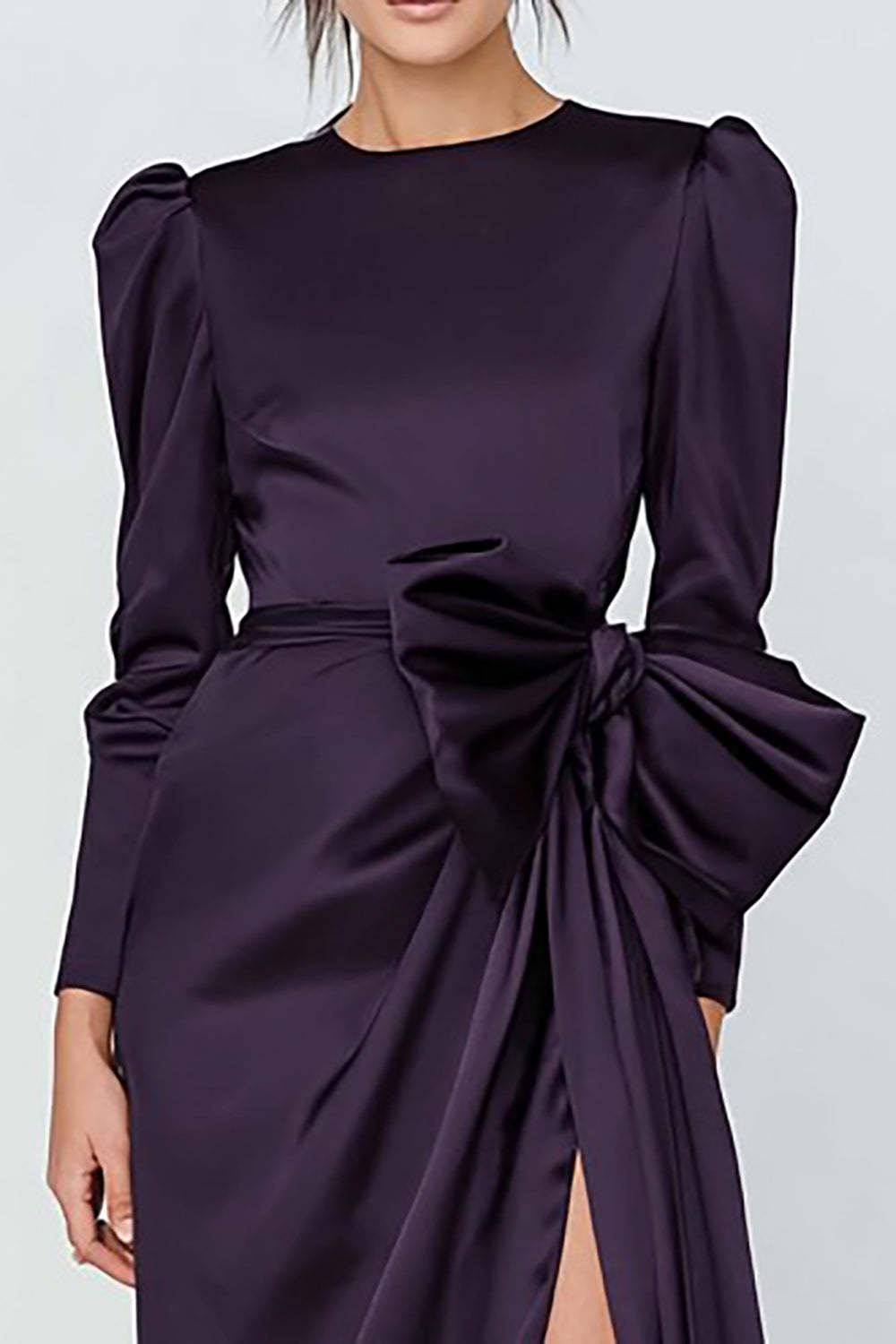 Suzhoufashion Dark Purple Sheath Ruched Crew Neck Long Sleeves Prom Dress With Slit