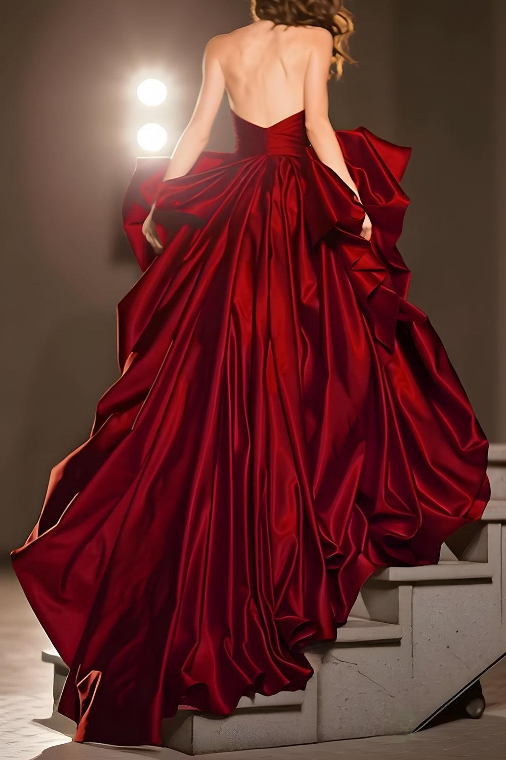 Suzhoufashion Dark Red Ball Gown Ruffled Sweetheart Long Pageant Dress With Slit