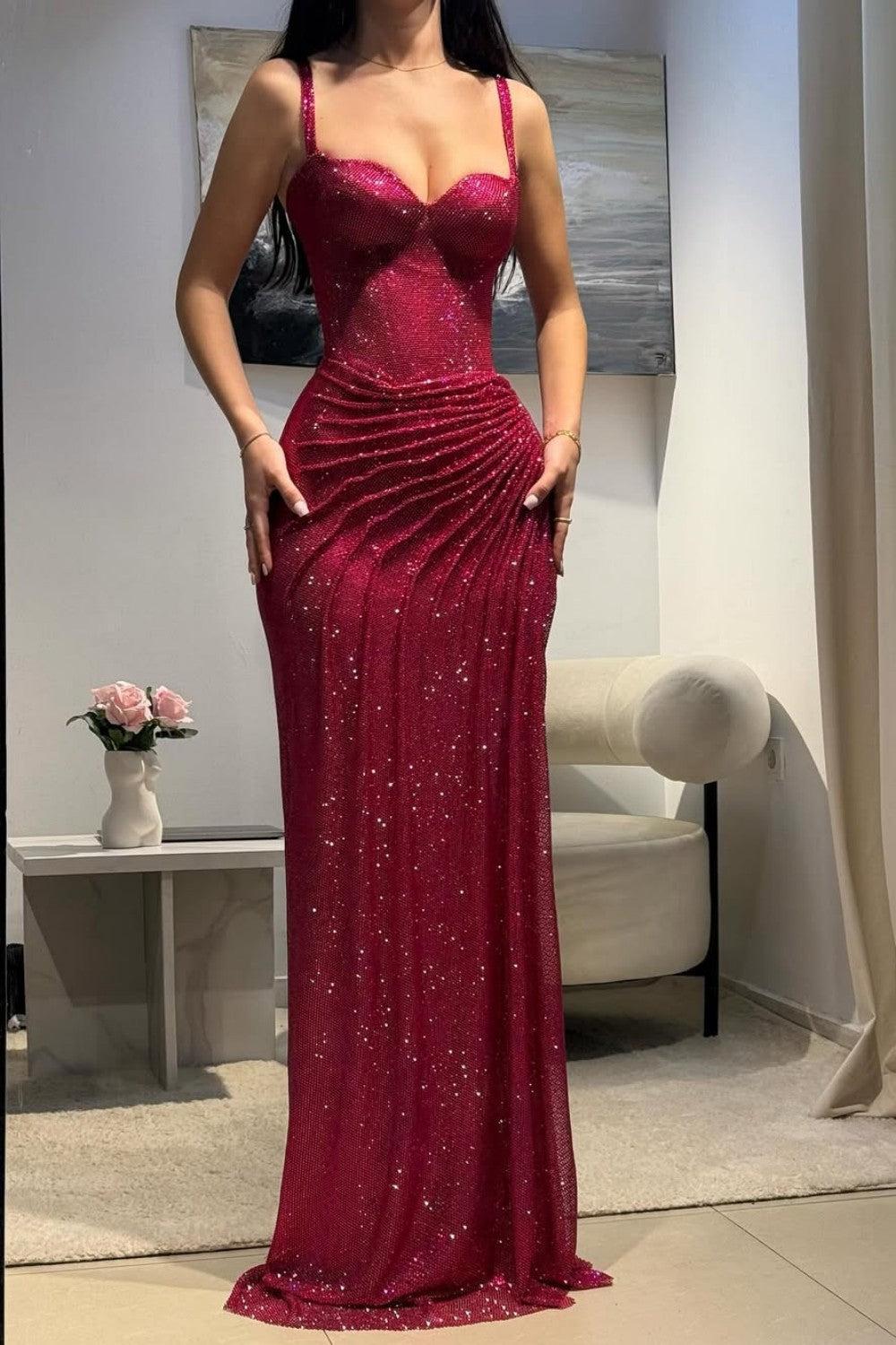 Suzhoufashion Dark Red Glitter Bodycon Homecoming Dress With Sweetheart Neck Spaghetti Straps Ruched Side Slit Formal Evening Gown