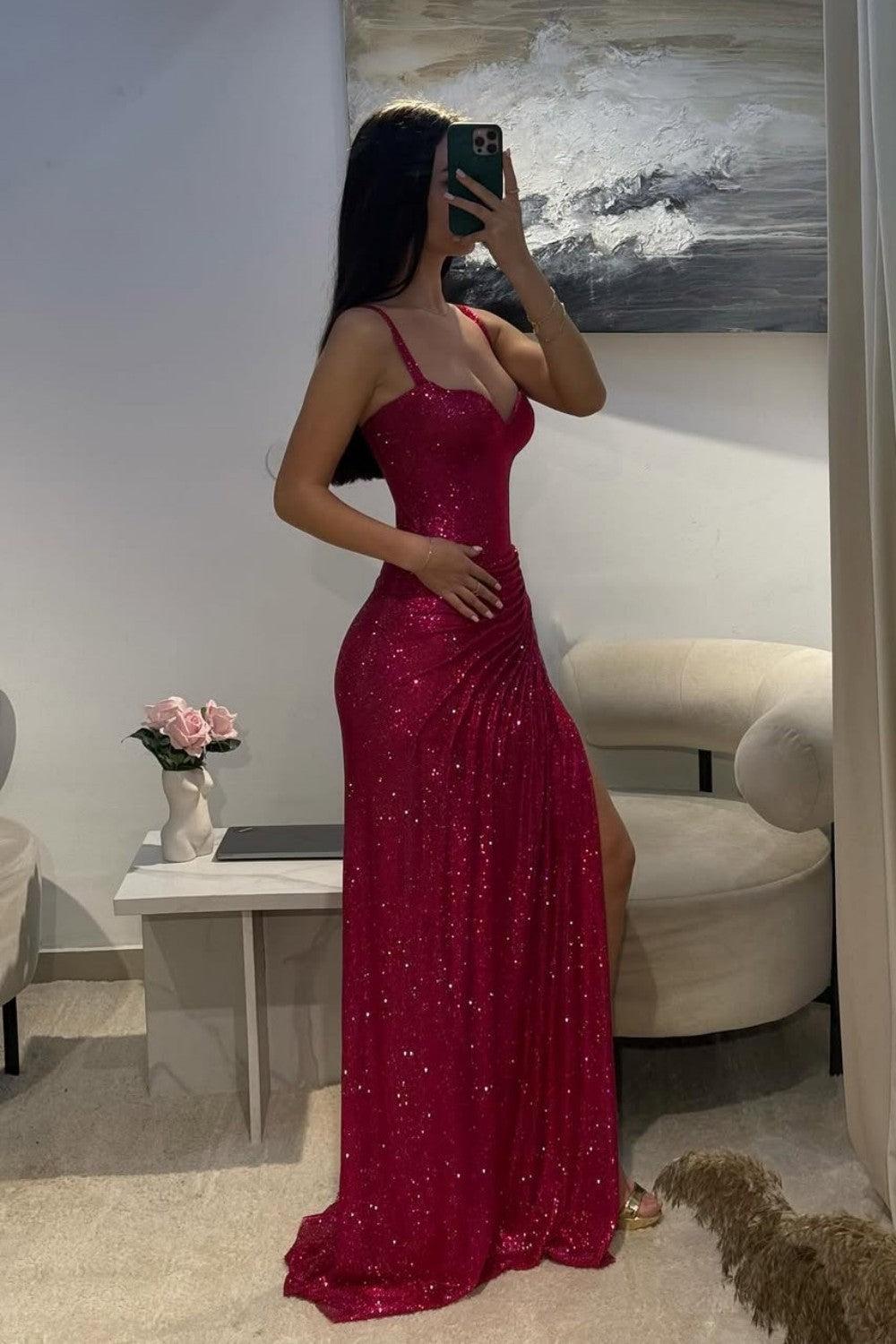 Suzhoufashion Dark Red Glitter Bodycon Homecoming Dress With Sweetheart Neck Spaghetti Straps Ruched Side Slit Formal Evening Gown