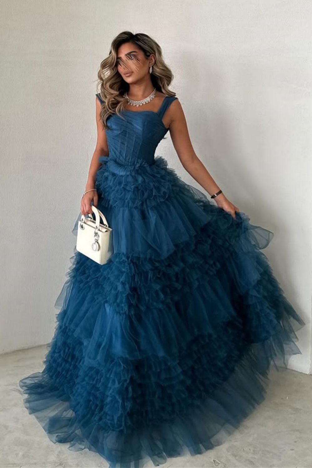Dark Blue A-Line Straps Long Ruffle Tulle Formal Party Dress