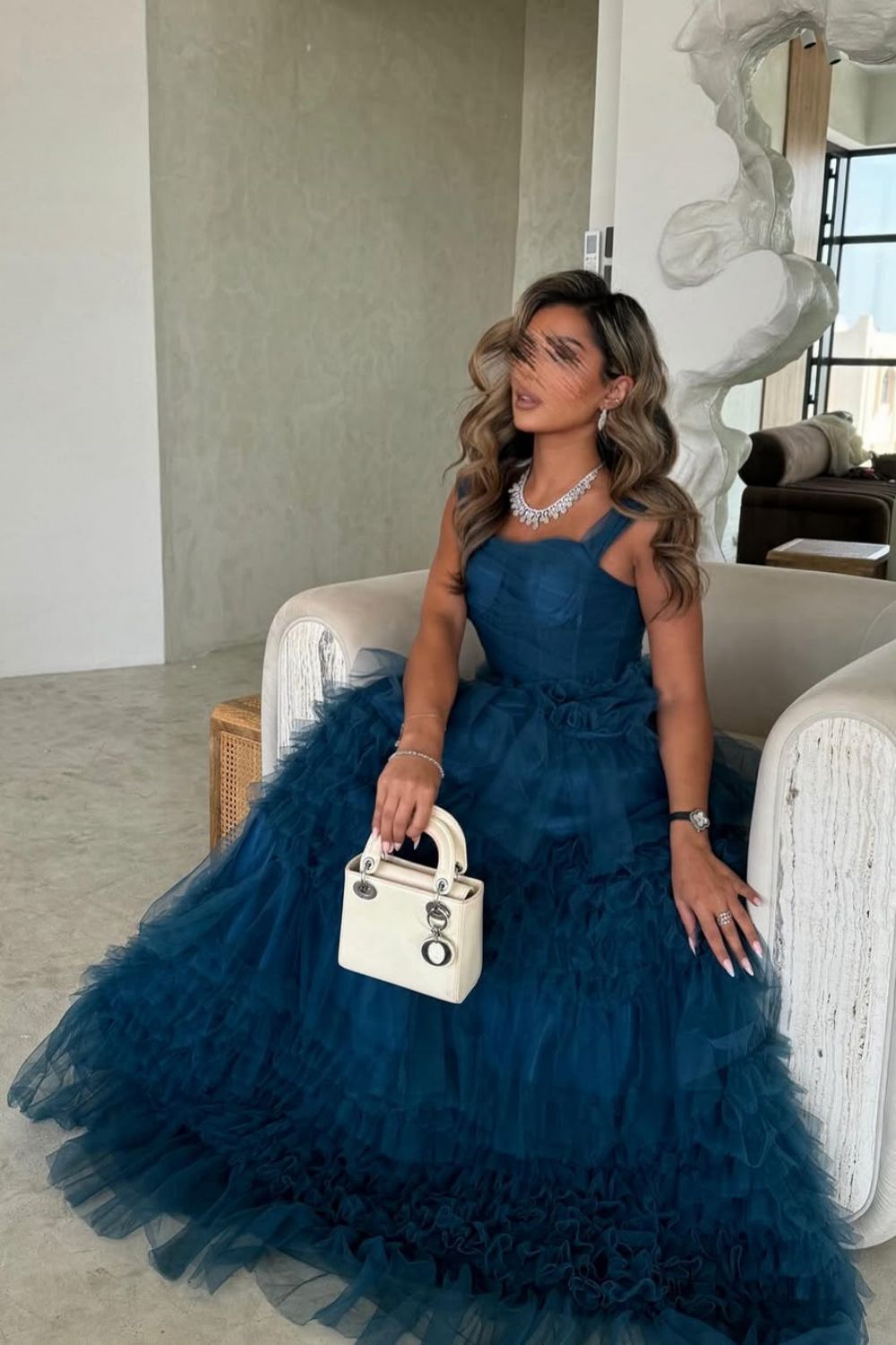 Dark Blue A-Line Straps Long Ruffle Tulle Formal Party Dress