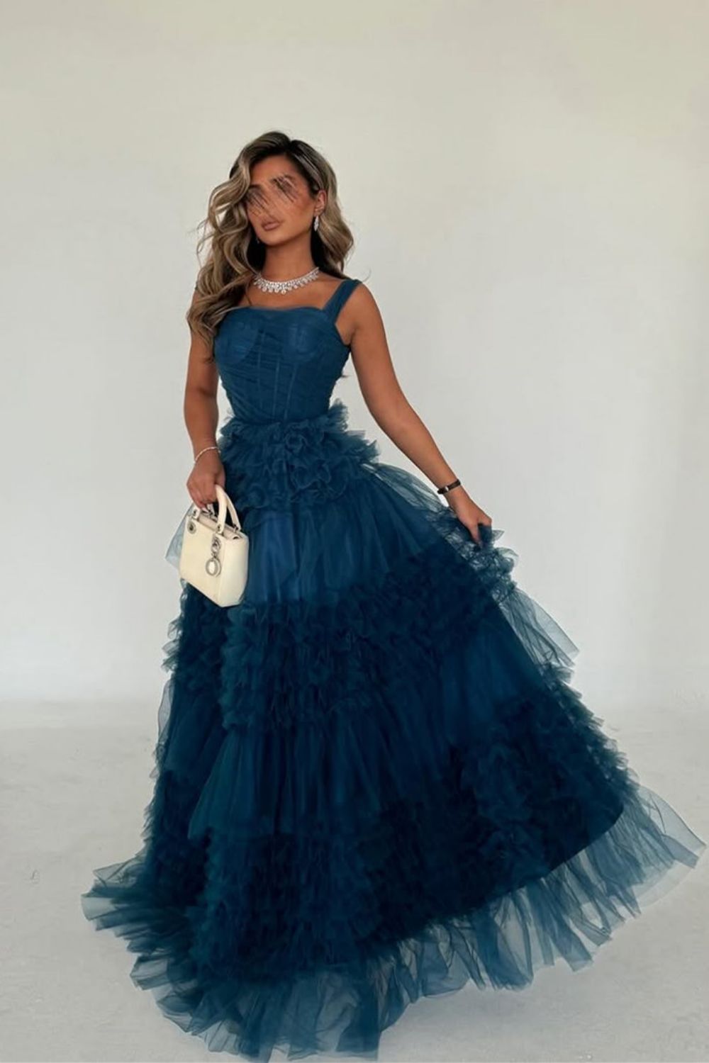 Dark Blue A-Line Straps Long Ruffle Tulle Formal Party Dress