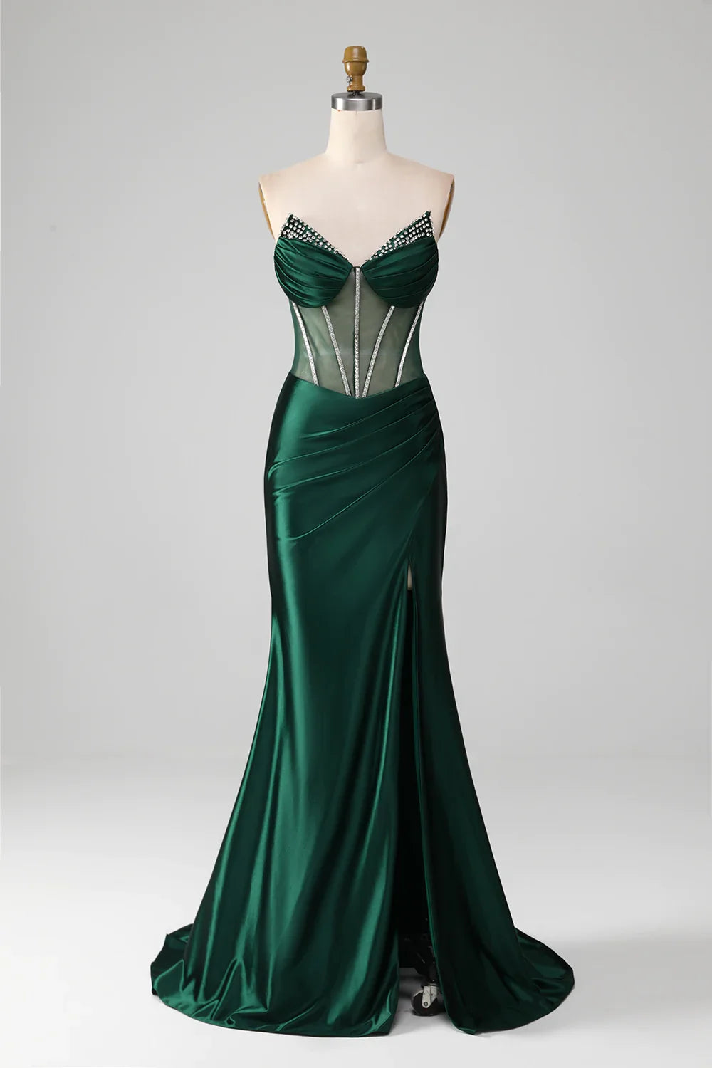 Dark Green Mermaid Strapless Long Corset Prom Dress with Beading - View 2 | VelvetHem