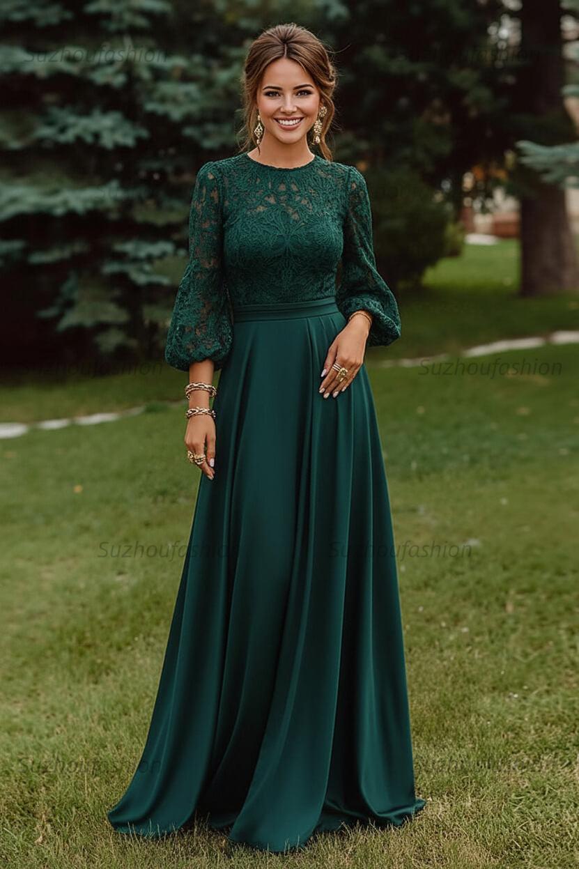 Lace Dusty Rose Puff Sleeves A Line Floor Length Mother Of The Bride Dress