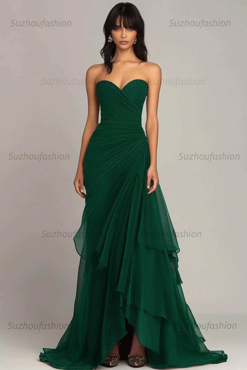 Elegant Sweetheart Ruched Dark Brown Long Formal Dress With Ruffles