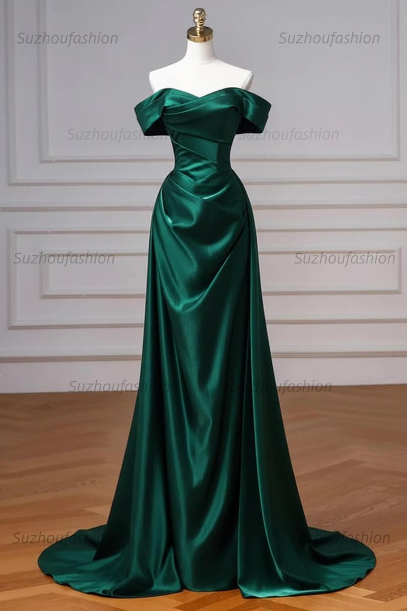 Navy Prom Dress Blue Off The Shoulder Formal Dress with Detachable Train