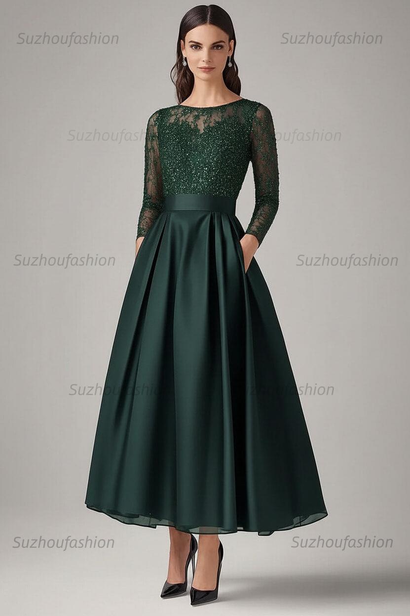 Navy Wedding Guest Dress Beaded A Line Long Sleeves Formal Dress With Lace