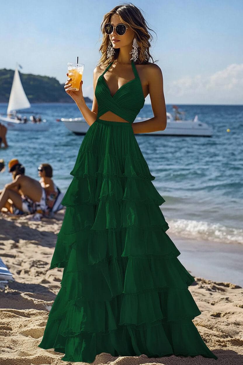 Halter Tiered White 2 Piece Ruffled Formal Dress
