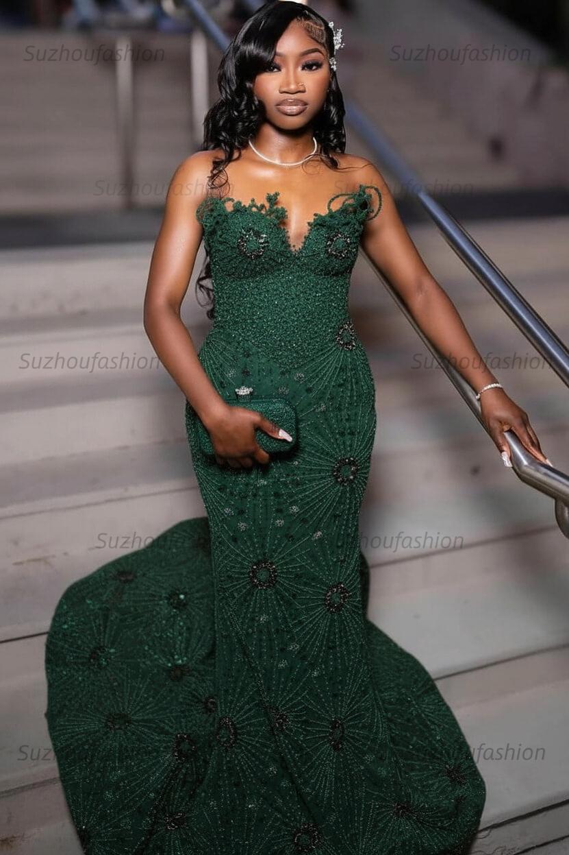 Green Prom Dress Sleeveless Formal Evening Gown with Rhinestones and Beadings