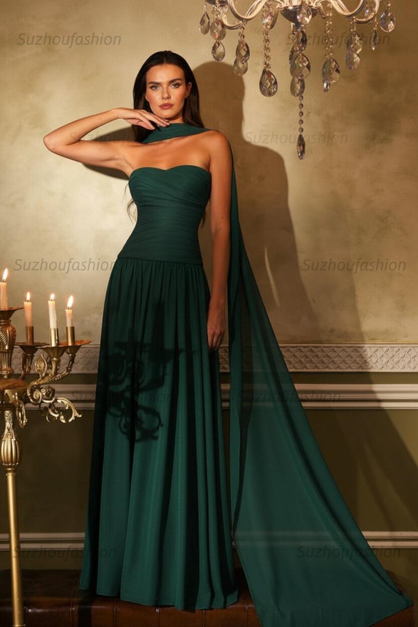 Chiffon Strapless Sleeveless Long Evening Formal Dress With Ruffled Pleated