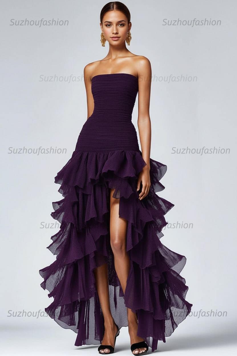 Black Wedding Guest Dress Strapless Tulle Long Ruffled Formal Dress With Slit