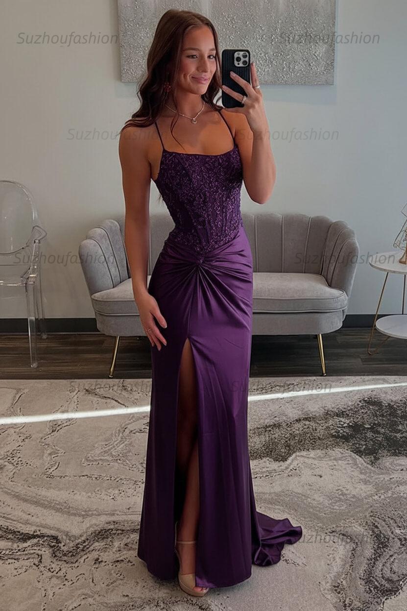 Red Prom Dress Spaghetti Straps Ruhed Long Lace Formal Dress With Appliques