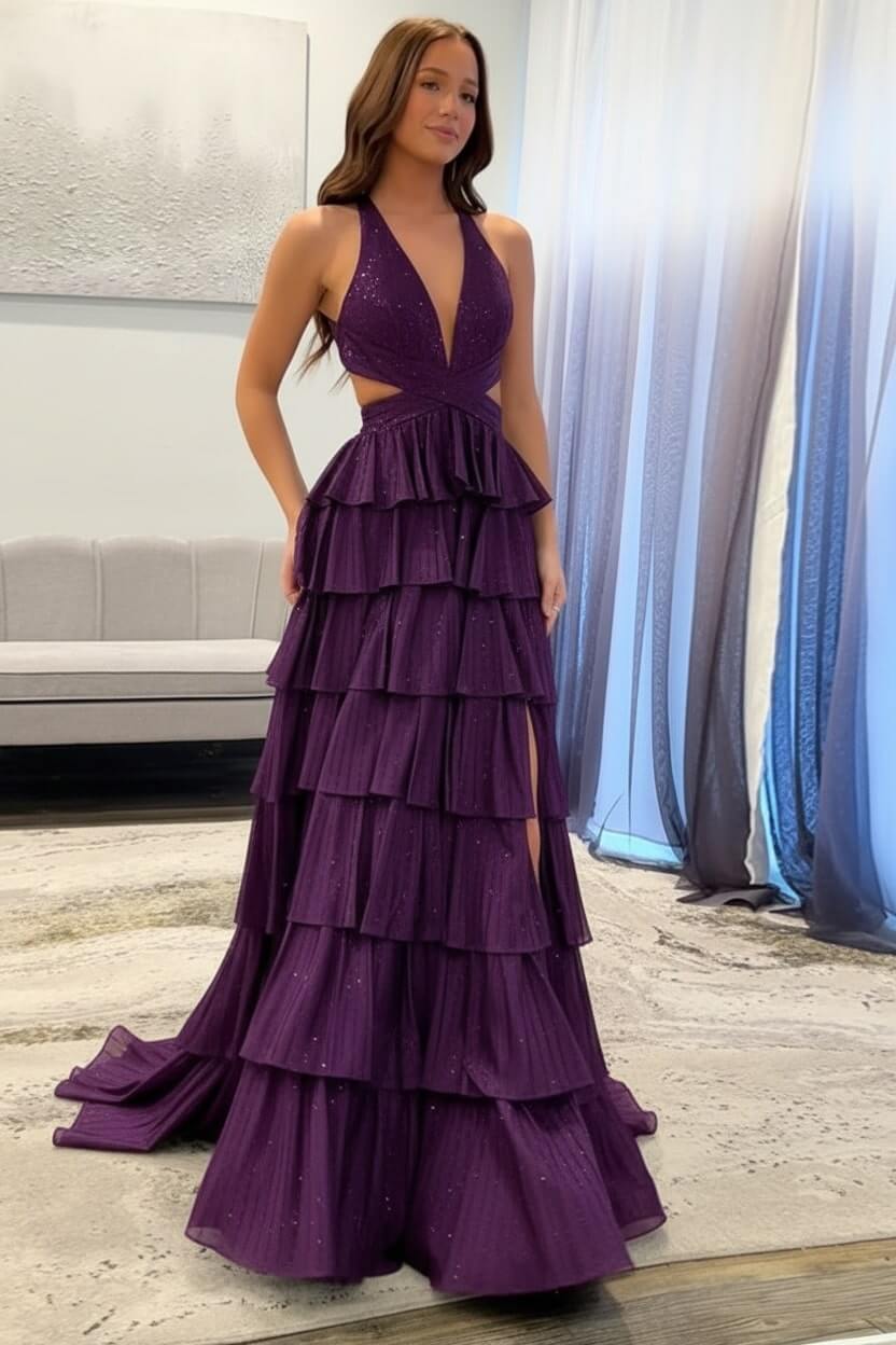 Emerald Green Prom Dress Tiered A-Line Halter Long Formal Dress With Slit