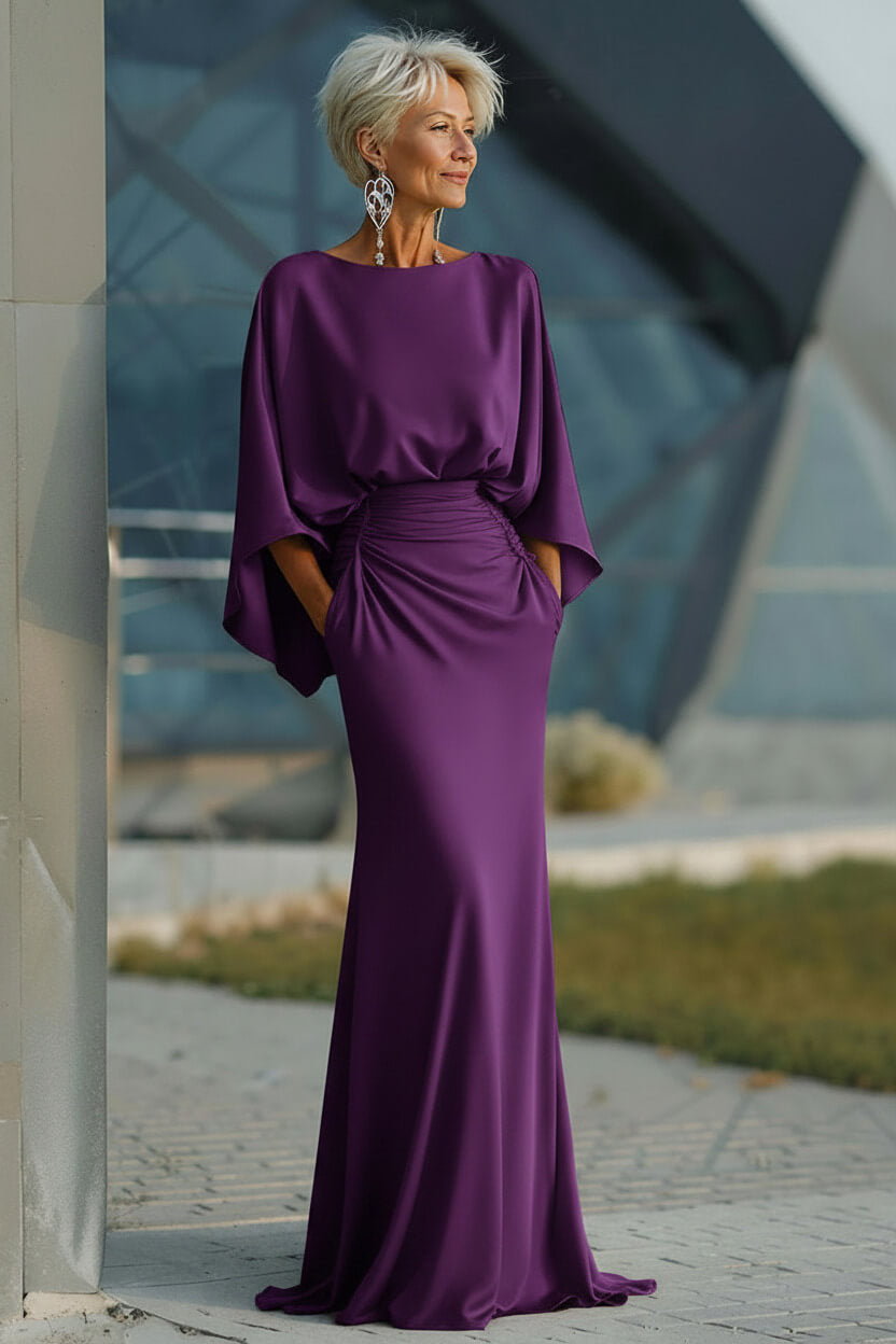 Navy Satin Mermaid Backless Long Mother Of The Bride Dress With Pockets