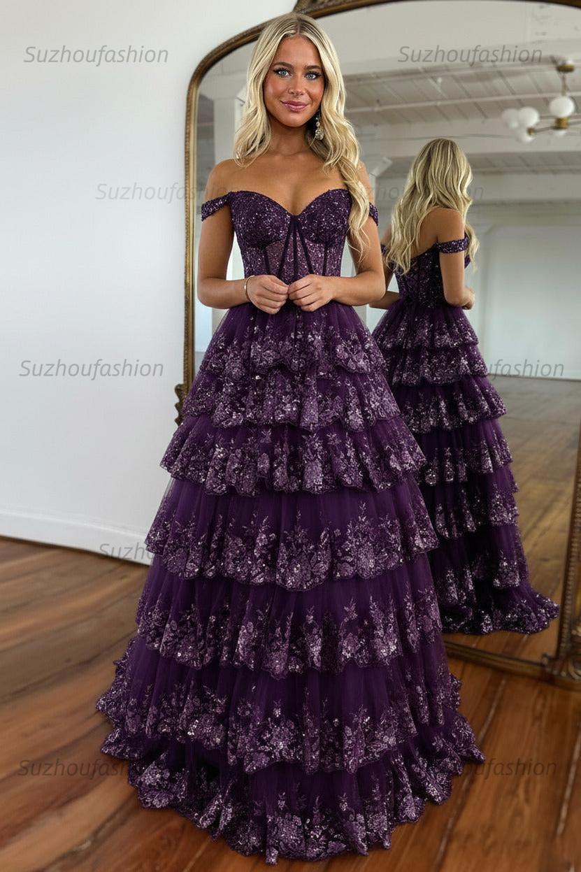Glitter Hot Pink Corset Off the Shoulder Lace Long Prom Dress