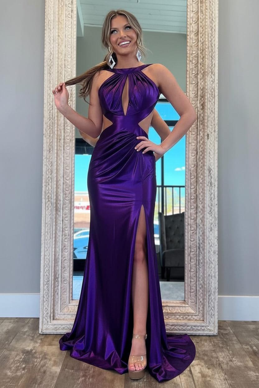 Suzhoufashion Stylish Fuchsia Metallic Mermaid Prom Dress With Slit And Open Back Formal Evening Gown