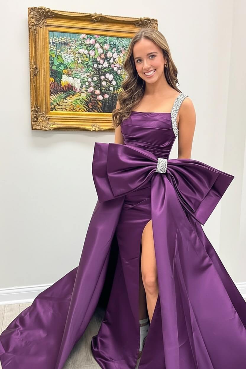 Green Prom Dress Satin Beaded A Line Long Pageant Dress With Bow