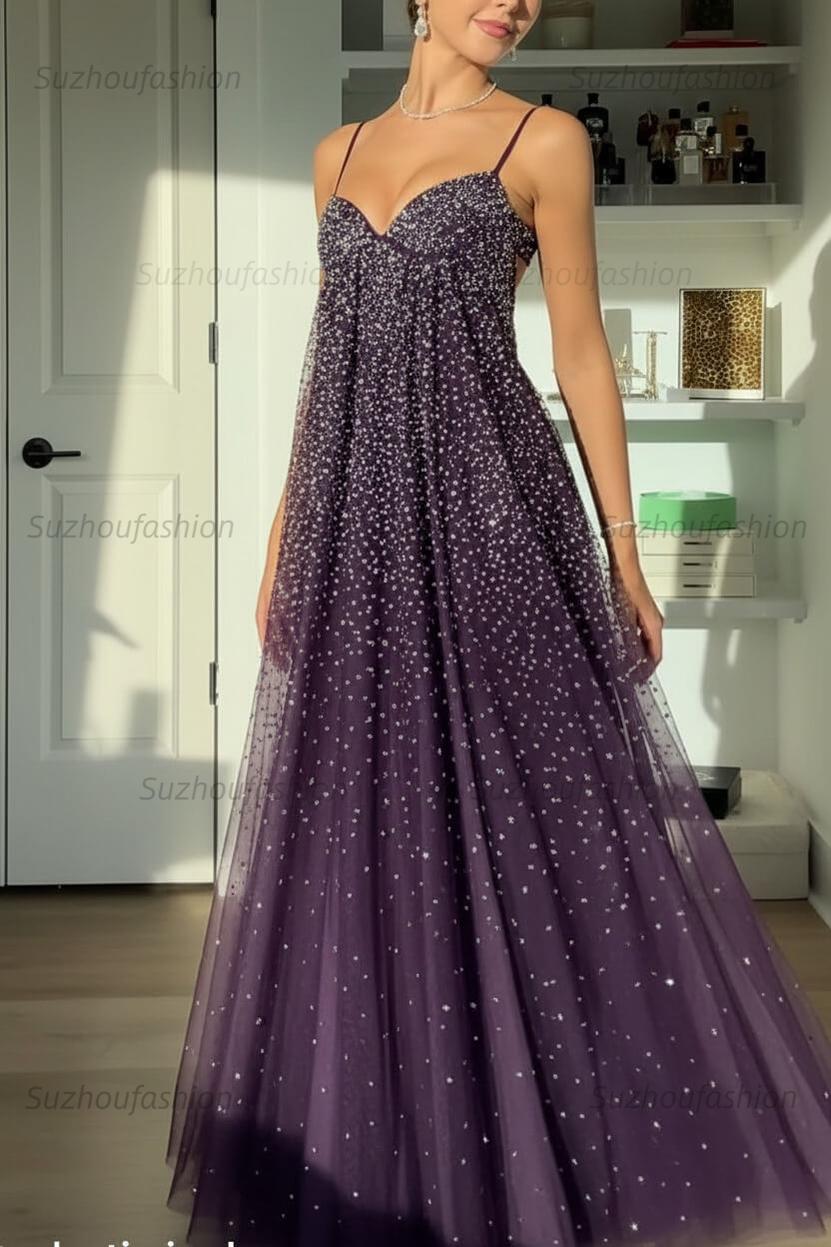 Suzhoufashion Bling A Line Spaghetti Straps Grey Blue Long Party Dress With Beading Formal Evening Gown